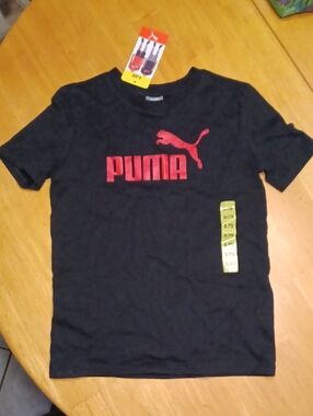 Puma Kid's Black Short Sleeve Tee with Red Logo Size 7-8 NWT
